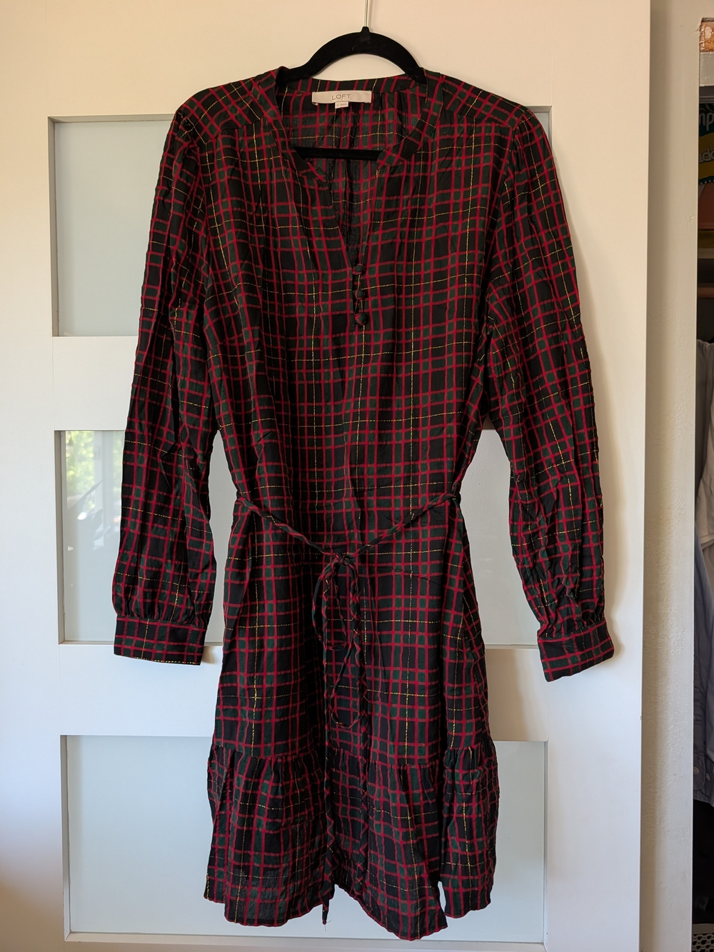 LOFT Black and Red Plaid Long Sleeve Tie-Waist Dress